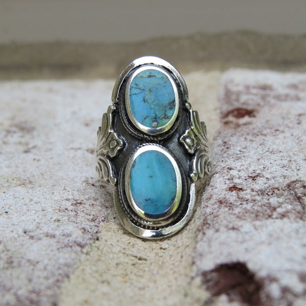 Vintage Sterling Silver Turquoise Filigree Ring.