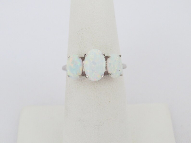 Vintage Sterling Silver White Opal Three stone Ring Size 6