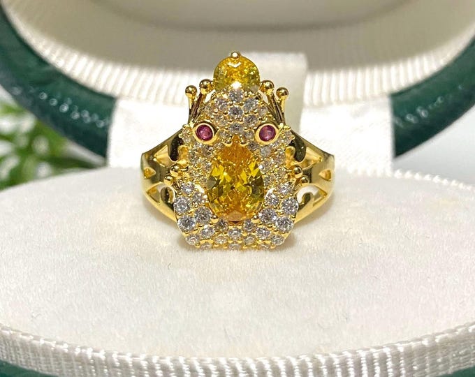 Vintage 15K 610 Solid Yellow Gold Citrine & White Topaz Ruby Eye's Frog Ring Size 5.75
