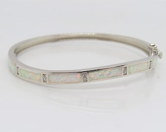 Sterling Silver White Opal Bangle Bracelet with White Topaz