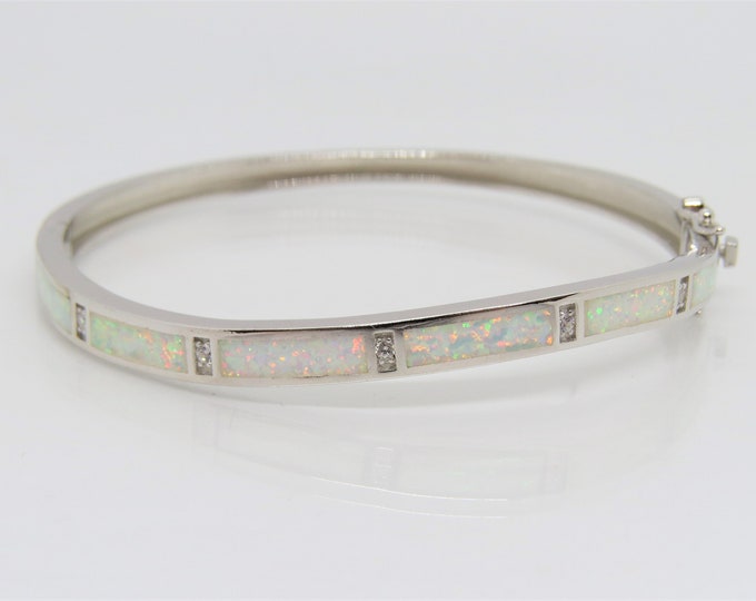 Sterling Silver White Opal & White Topaz Oval Bangle Bracelet 7 1/2''