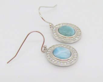 Vintage Sterling Silver Natural Oval Larimar White Topaz Halo