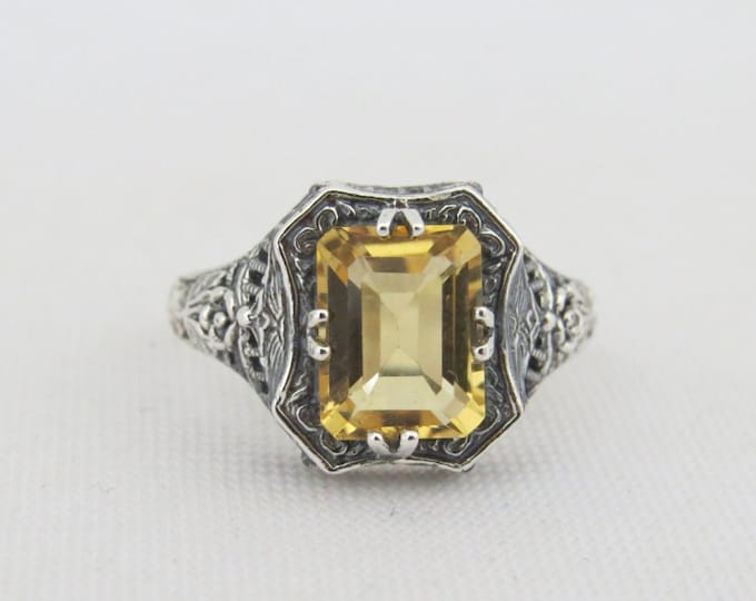 Vintage Sterling Silver Natural Citrine Filigree Ring Size 8