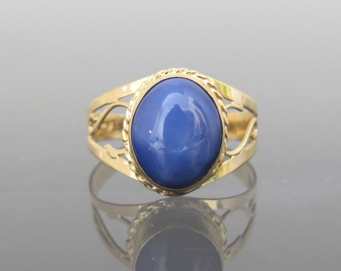 Vintage 18K Solid Yellow Gold Star Blue Sapphire Filigree Ring Size 7.25