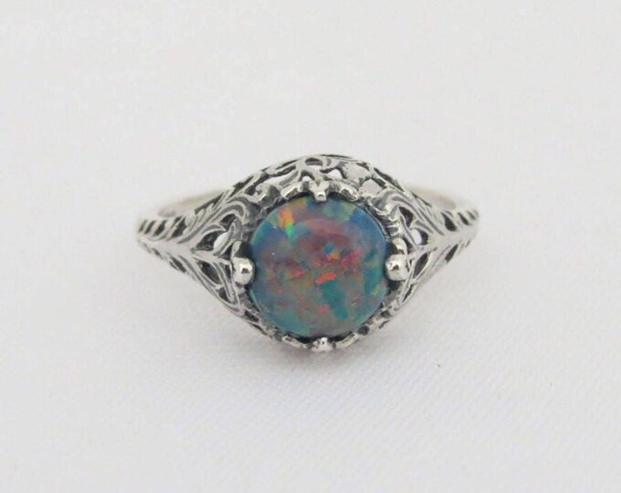 Vintage Sterling Silver Black Opal Filigree Ring Size 8