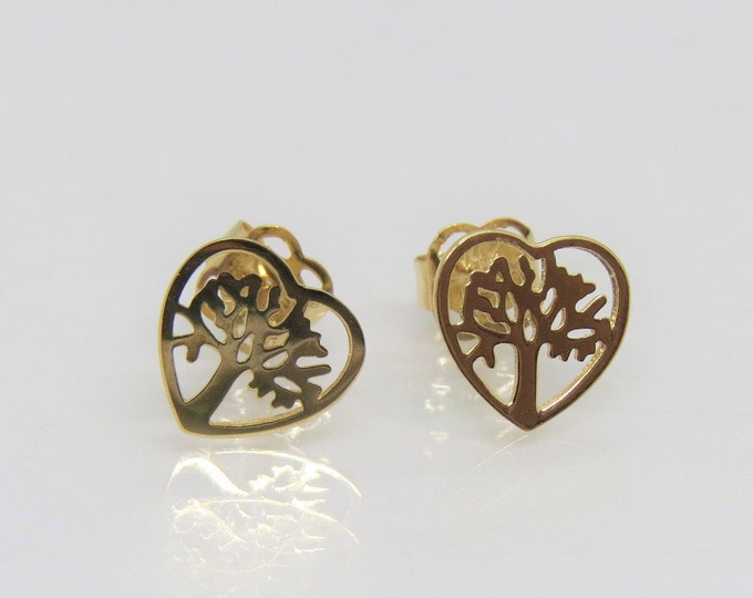 Vintage 14K Solid Yellow Gold Tree of Life Heart Stud Earrings