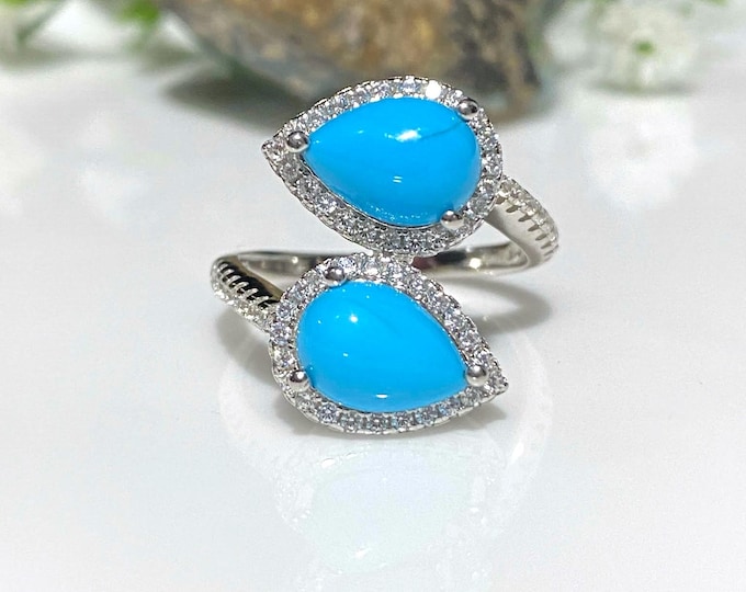 Vintage Sterling Silver Natural Turquoise & White Topaz Ring Size 7