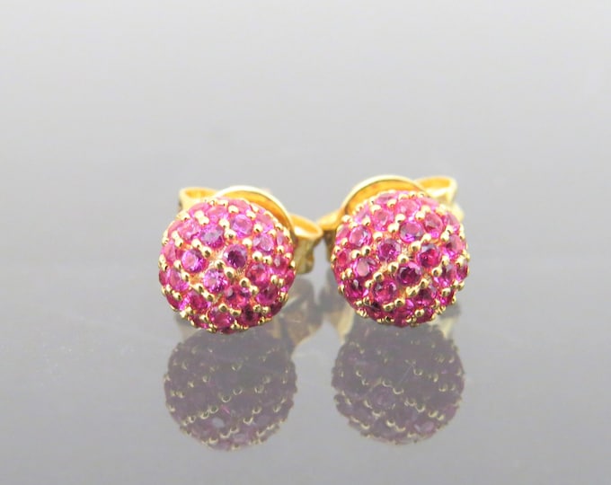 Vintage 18K Solid Yellow Gold Ruby Ball Stud Earrings