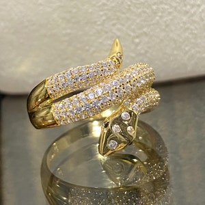 Vintage 15K 610 Solid Gold White Topaz & Black Sapphire Eye's Snake Ring Size 8