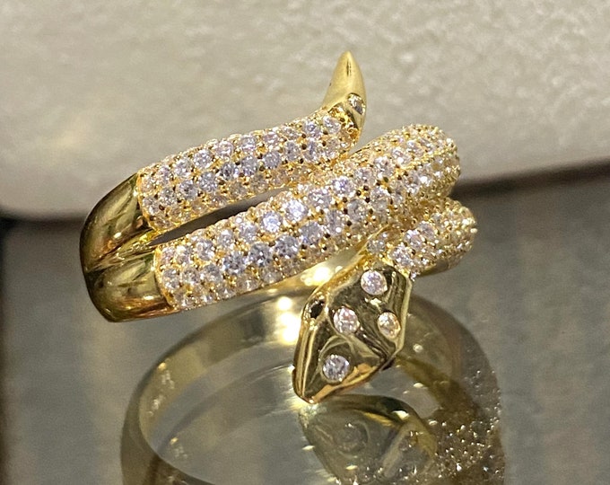 Vintage 15K 610 Solid Gold White Topaz & Black Sapphire Eye's Snake Ring Size 8