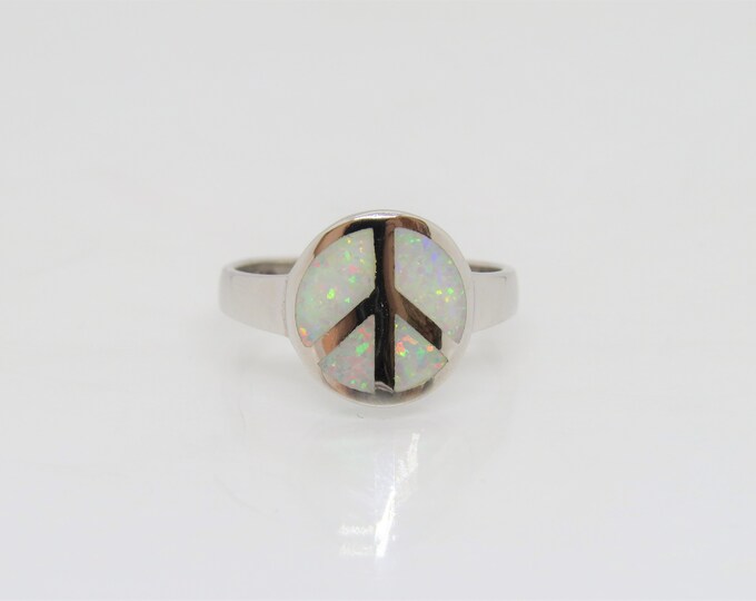 Vintage Sterling Silver White Opal Peace Sign Ring Size 5