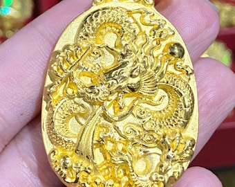 999 24k Yellow Gold 3D Dragon Vintage Oval Pendant