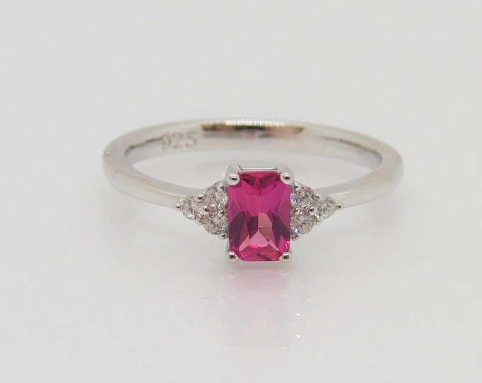 Sterling Silver Radiant Cut Pink Tourmaline & White Topaz Ring Size 7