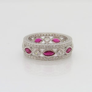 Vintage Sterling Silver Ruby & White Topaz Band Ring Size 8