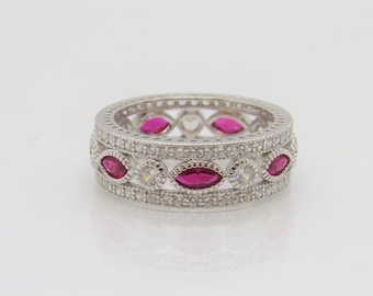 Vintage Sterling Silver Ruby & White Topaz Band Ring Size 8