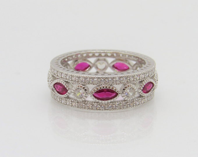 Vintage Sterling Silver Ruby & White Topaz Band Ring Size 8