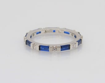 Vintage Sterling Silver Blue Sapphire & White Topaz Eternity Band Ring Size 8