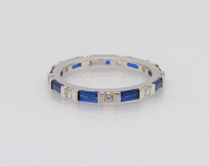 Vintage Sterling Silver Blue Sapphire & White Topaz Eternity Band Ring Size 8