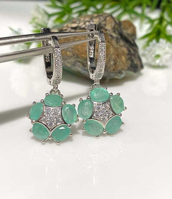 Vintage Sterling Silver Natural Emerald & White Topaz Dangle Earrings.