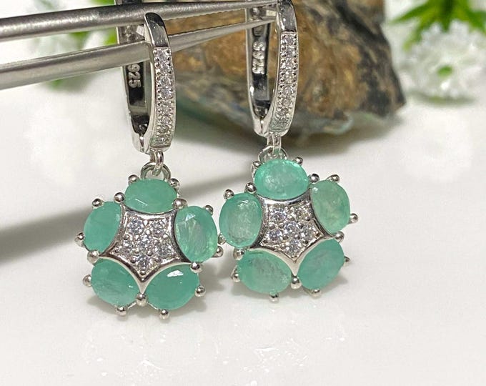 Vintage Sterling Silver Natural Emerald & White Topaz Dangle Earrings.