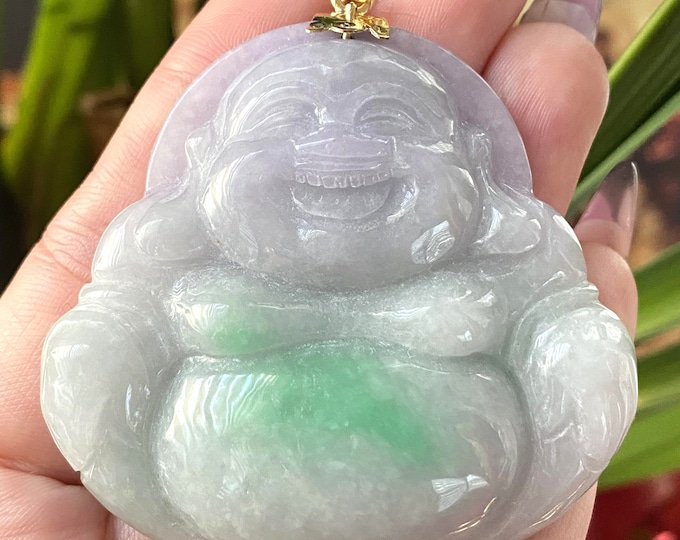 Vintage 14K Solid Yellow Gold Green, Purple, White Jadeite Jade Laughing Buddha, Happy Buddha Pendant Mat Ong Dia, Mat Phat Di Lac.