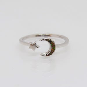 Sterling Silver Black Opal Moon & Star Ring Size 7