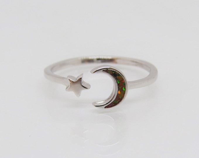 Sterling Silver Black Opal Moon & Star Ring Size 7