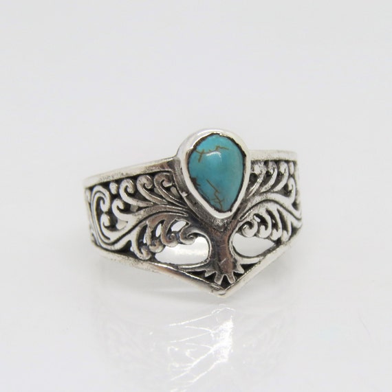 Vintage Sterling Silver Turquoise Tree Dome Ring … - image 5