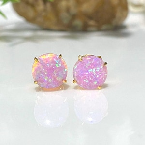 Vintage 18K Solid Yellow Gold 2.56ct Round cut Pink Opal Stud Earrings