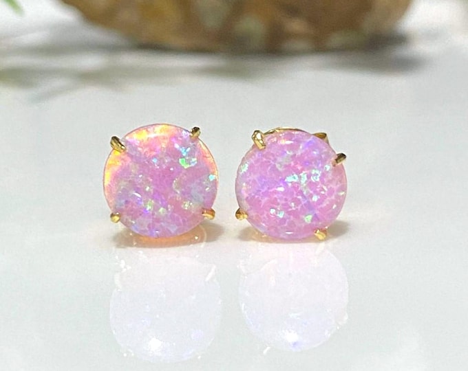 Vintage 18K Solid Yellow Gold 2.56ct Round cut Pink Opal Stud Earrings