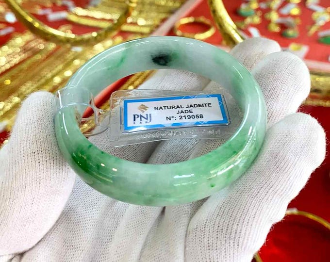 Vintage Translucent Natural Green, White Jadeite Jade Bangle Bracelet 53.2MM