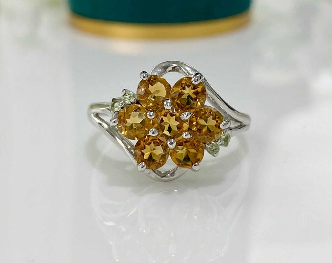 Vintage Sterling Silver Natural Citrine & Peridot Ring Size 8 1/2