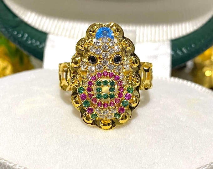 Vintage 15K 610 Solid Yellow Gold Ruby, Emerald, Blue Sapphire & White Topaz Black Sapphire Eye's Frog Ring Size 7.25