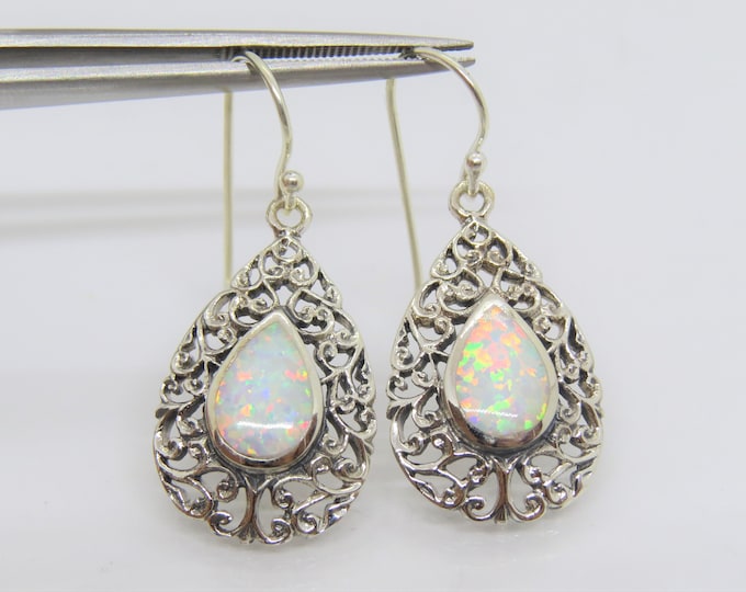 Vintage Sterling Silver Pear cut White Opal Filigree Dangle Earrings