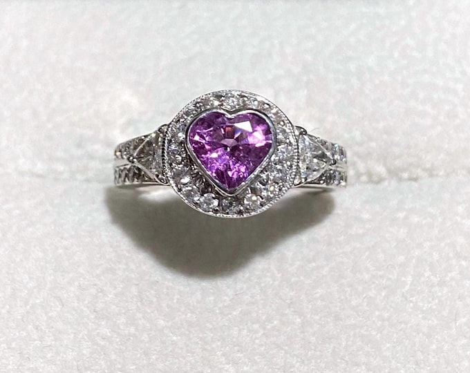 Vintage 18K White Gold 1.44ct Natural Heart cut Pink Sapphire, Diamond Ring Size 5