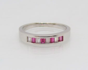 Vintage Sterling Silver Ruby & White Topaz Band Ring Size 7