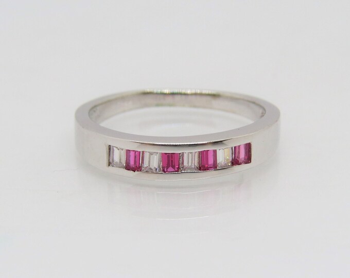 Vintage Sterling Silver Ruby & White Topaz Band Ring Size 7