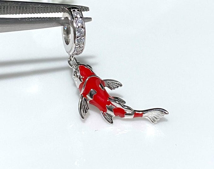 Sterling Silver Red Enamel & White Topaz Fish, Koi fish Pendant.
