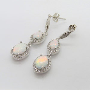 Sterling Silver Oval cut White Opal & White Topaz Drop Earrings