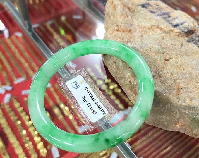 Vintage Translucent Natural Green, White Jadeite Jade Bangle Bracelet 50.3MM