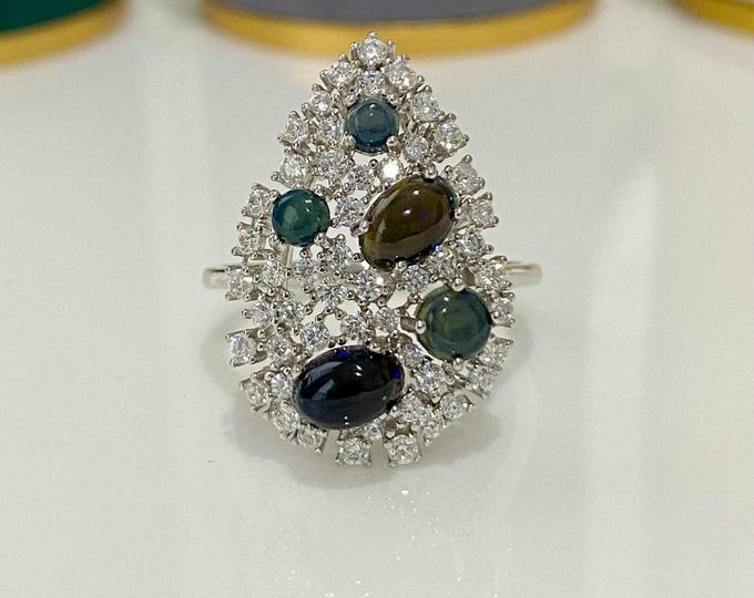 Vintage Sterling Silver Black Fire Opal & White Topaz Ring Size 7