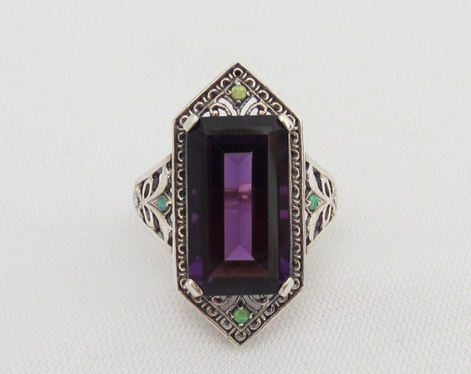 Vintage Sterling Silver Amethyst & Green Opal Filigree Ring Size 9