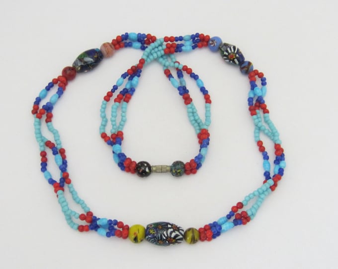 Vintage Jewelry Multi Color Millefiori Venetian Glass Bead Three Strands Necklace 30'' Length