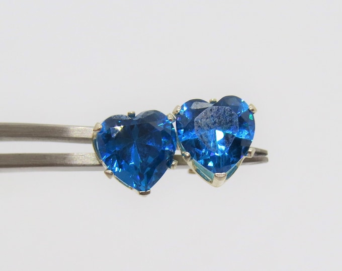 Vintage Sterling Silver Heart cut Blue Topaz Stud Earrings 7MM