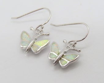 Vintage Sterling Silver White Opal Butterfly Dangle Earrings