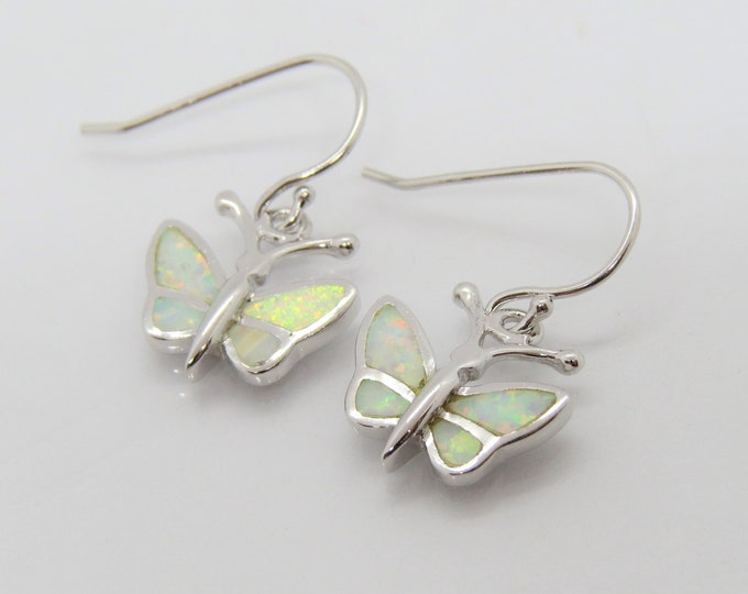 Vintage Sterling Silver White Opal Butterfly Dangle Earrings
