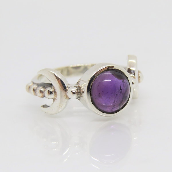 Sterling Silver Natural Amethyst Cabochon Crescent Moon Ring Size 9