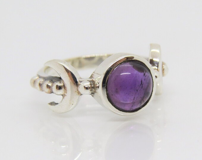 Sterling Silver Natural Amethyst Cabochon Crescent Moon Ring Size 9