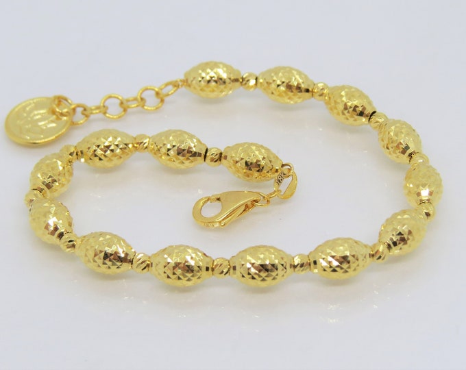 Vintage 15K 610 Solid Yellow Gold Diamond cut Oval Balls Link Chain Bracelet 7''