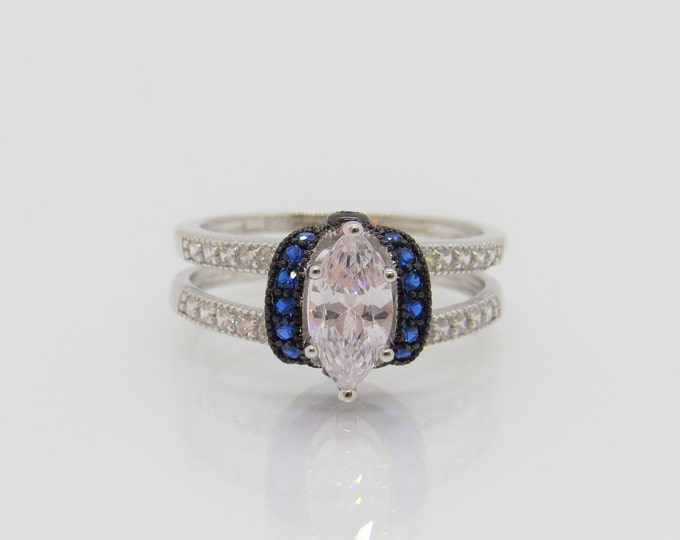 Vintage Sterling Silver Blue Sapphire & White Topaz Ring Size 8